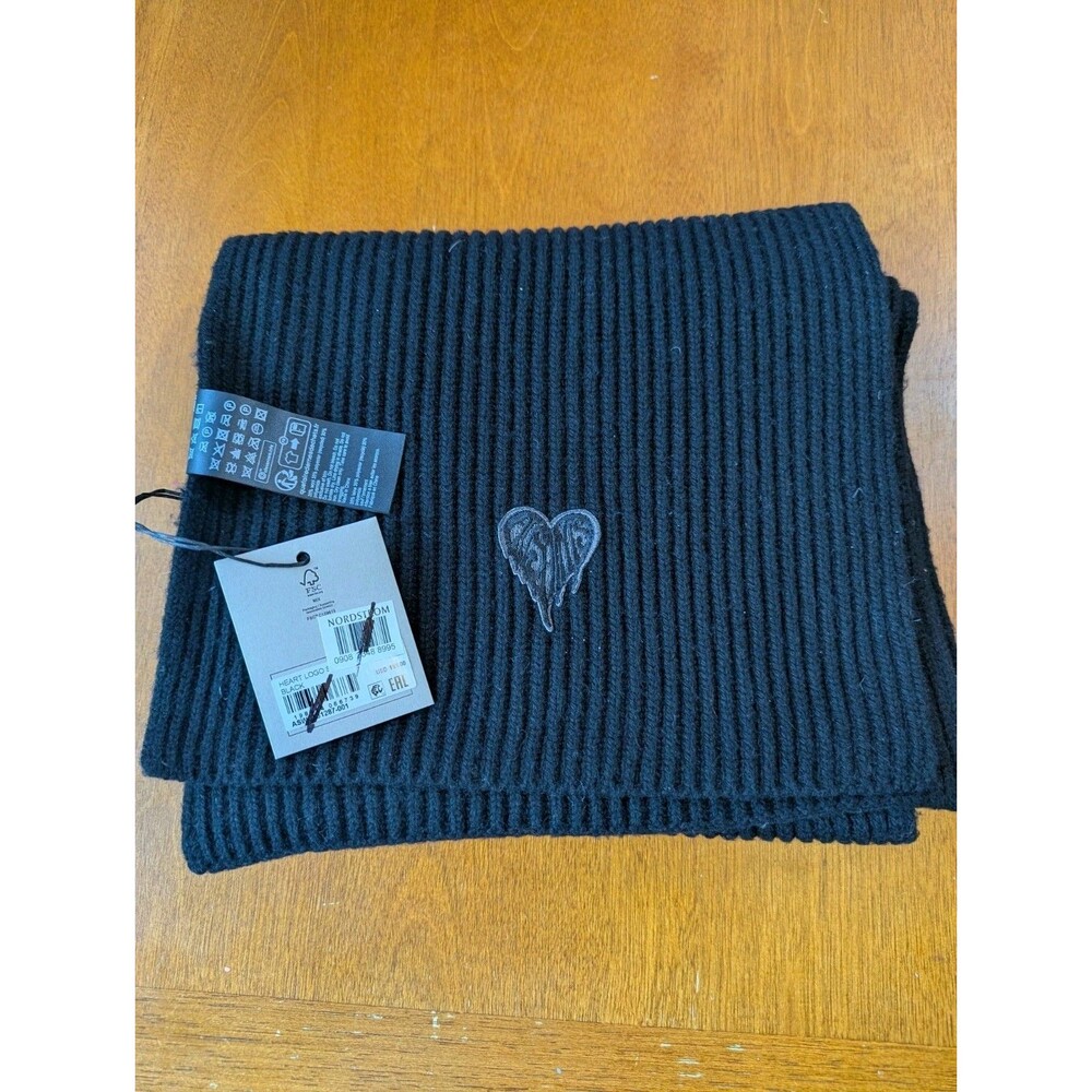 ALLSAINTS Heart Logo Ribbed Scarf Black Wool Blend Knit Winter Warm Nordstrom